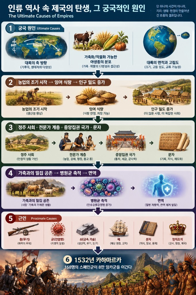 인류 역사 속 제국의 탄생, 그 궁극적인 원인 — 대륙의 축·농업·병원균·총·균·쇠에서 1532년 카하마르카까지