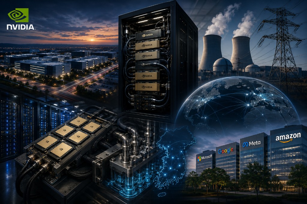 AI 고전력 데이터센터 생태계 — NVIDIA GPU·액체냉각, 원전·송전망 전력, 글로벌 네트워크, 한국 입지, Microsoft·Google·Meta·Amazon 하이퍼스케일러