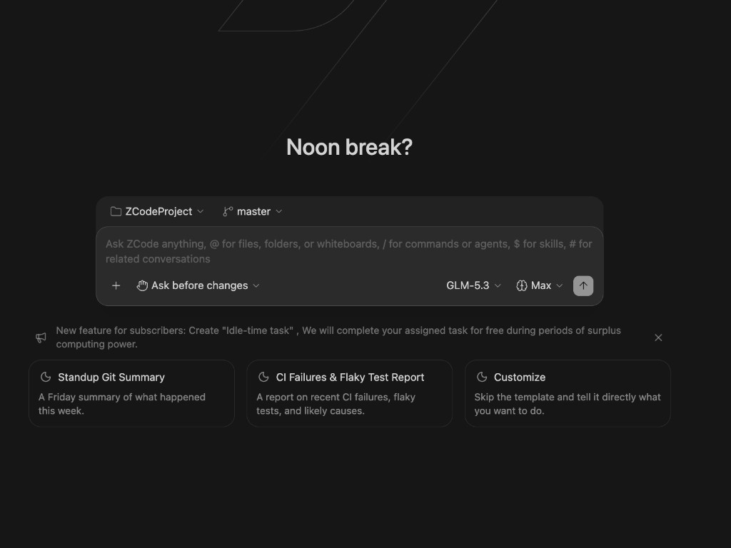 ZCode 데스크톱 — GLM-5.3 Max, Idle-time task. 에이전트가 저장소에 상주하는 화면